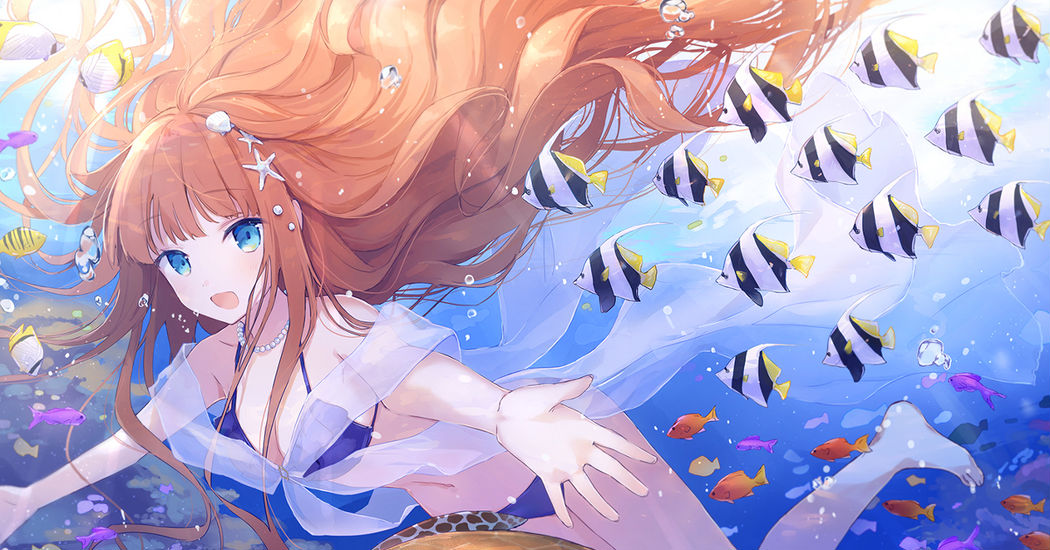 Goldfishes and tropical fishes gliding in the water. Drawings of Aquarium Fishes