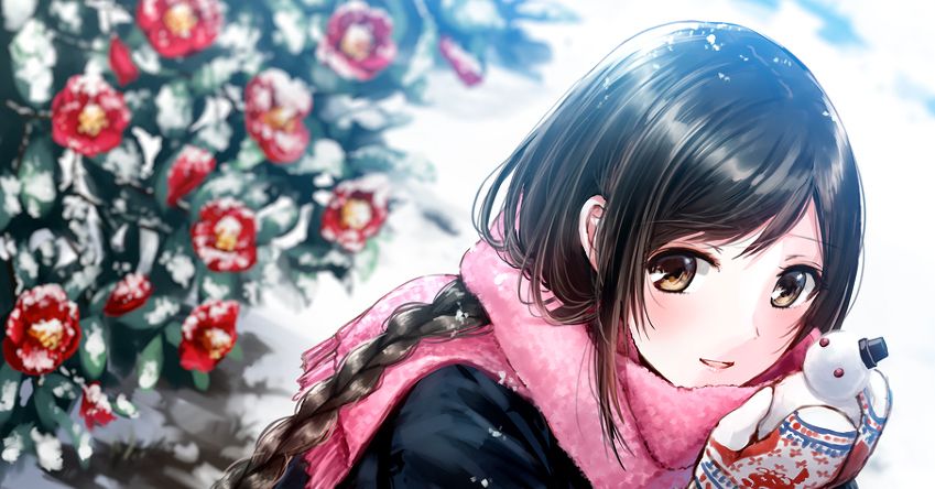 Scarlet scattered in the snow. Illustrations of Snow and Camellia